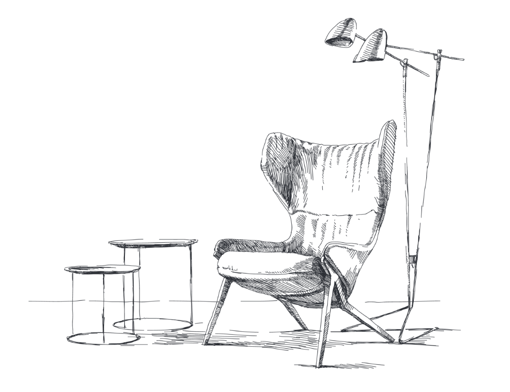 Zeichnung eines Sessels mit zwei Beistelltischen